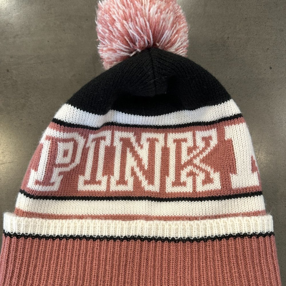 Victoria's Secret Pink Beanie Hat PINK NATION Pink White Black Pom Pom